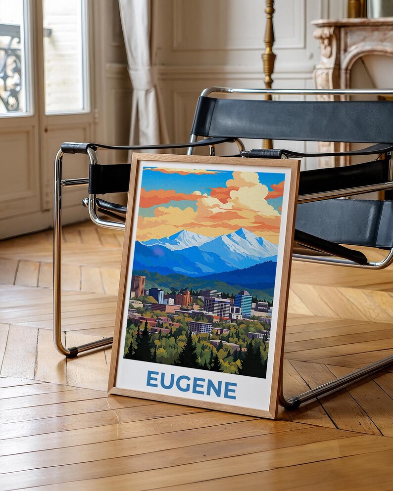 Eugene Travel Print, Oregon Poster, Rustic City Wall Art, Mountain Illustration, Landscape Poster, Home Decor, Birthday Gift