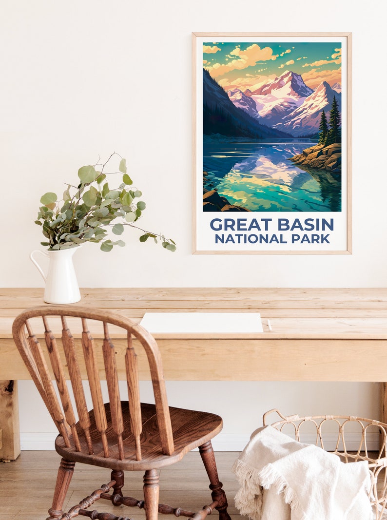 Affiche de voyage du parc du Grand Bassin, art mural du Nevada, impression du Nevada, affiche du parc du Grand Bassin, affiche du Nevada, affiche de montagne