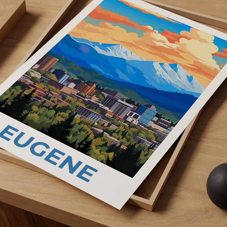 Eugene Travel Print, Oregon Poster, Rustic City Wall Art, Mountain Illustration, Landscape Poster, Home Decor, Birthday Gift