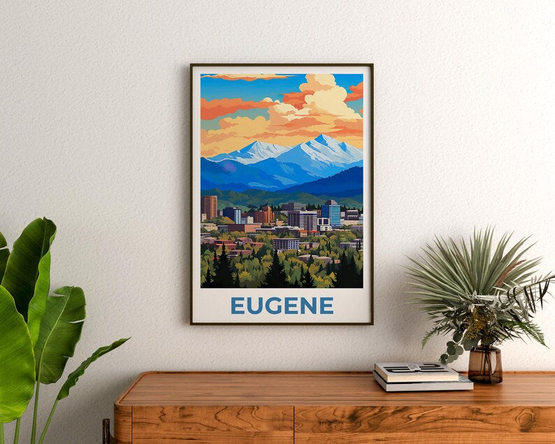 Eugene Travel Print, Oregon Poster, Rustic City Wall Art, Mountain Illustration, Landscape Poster, Home Decor, Birthday Gift