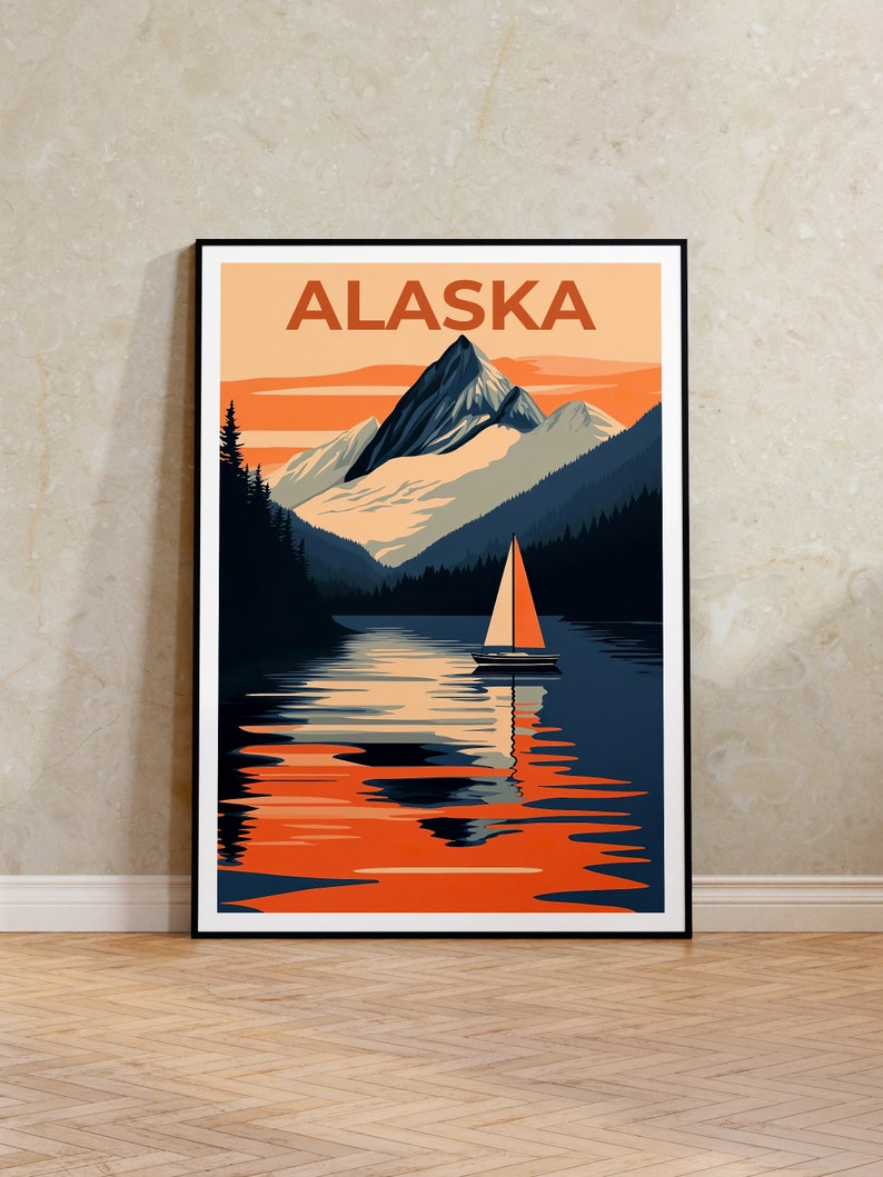 Alaska Poster, Alaska Print, Mountain Poster, Mountain Print, Alaska Travel Poster, Boat Art, Alaska Art