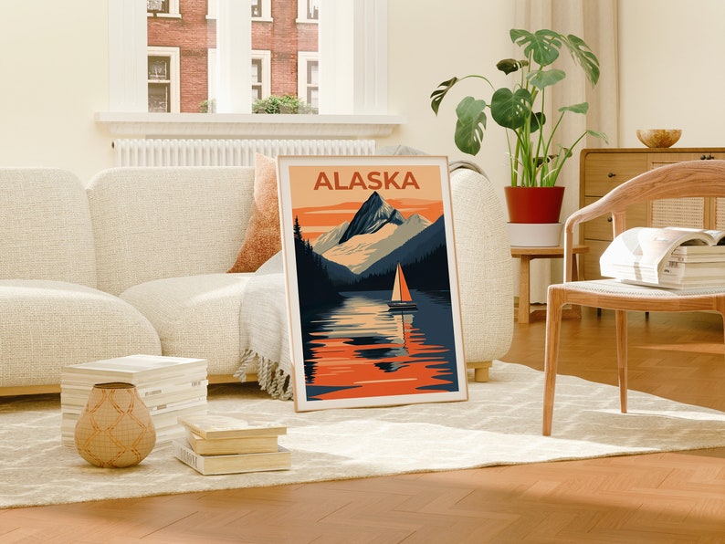 Alaska Poster, Alaska Print, Mountain Poster, Mountain Print, Alaska Travel Poster, Boat Art, Alaska Art