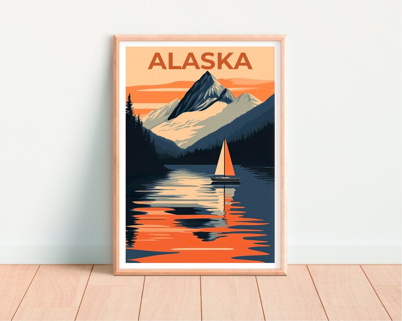 Alaska Poster, Alaska Print, Mountain Poster, Mountain Print, Alaska Travel Poster, Boat Art, Alaska Art