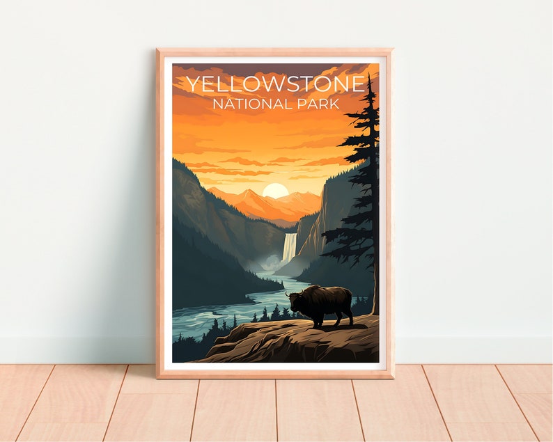 Affiche de voyage de Yellowstone, art mural du Wyoming, impression du Wyoming, affiche de Yellowstone, affiche du Wyoming, affiche de la nature, art de Yellowstone