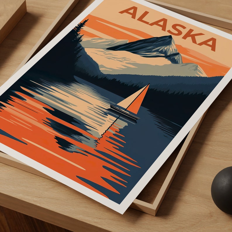 Alaska Poster, Alaska Print, Mountain Poster, Mountain Print, Alaska Travel Poster, Boat Art, Alaska Art