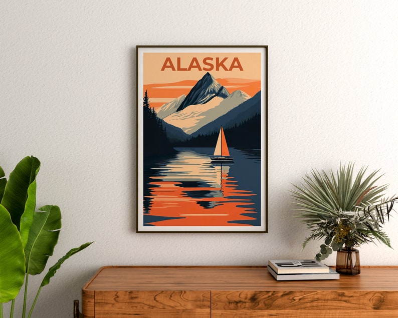 Alaska Poster, Alaska Print, Mountain Poster, Mountain Print, Alaska Travel Poster, Boat Art, Alaska Art