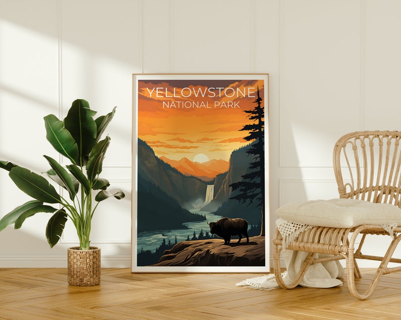 Affiche de voyage de Yellowstone, art mural du Wyoming, impression du Wyoming, affiche de Yellowstone, affiche du Wyoming, affiche de la nature, art de Yellowstone