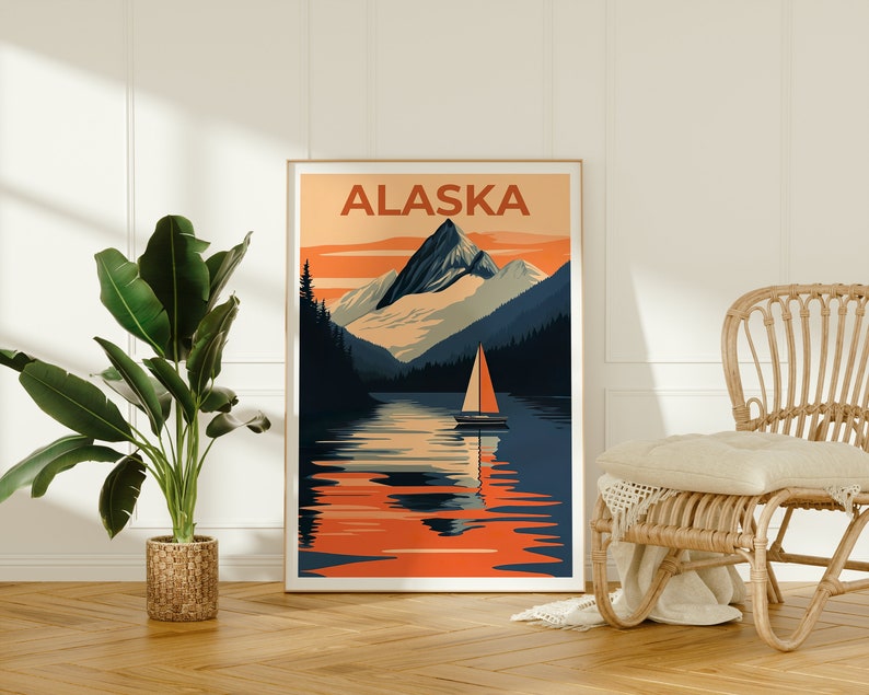 Alaska Poster, Alaska Print, Mountain Poster, Mountain Print, Alaska Travel Poster, Boat Art, Alaska Art