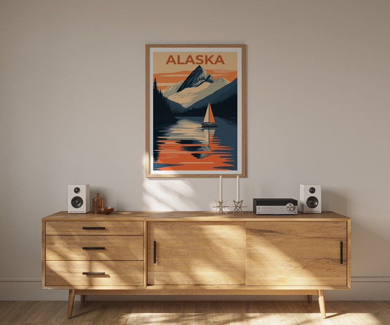 Alaska Poster, Alaska Print, Mountain Poster, Mountain Print, Alaska Travel Poster, Boat Art, Alaska Art