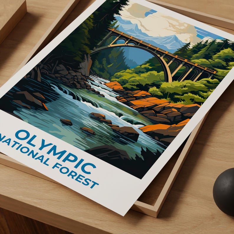 Olympic National Forest Travel Print Mountain forest Poster Hiking Wall Art Mountain Illustration Olympic Poster Home Decor Birthday Gift