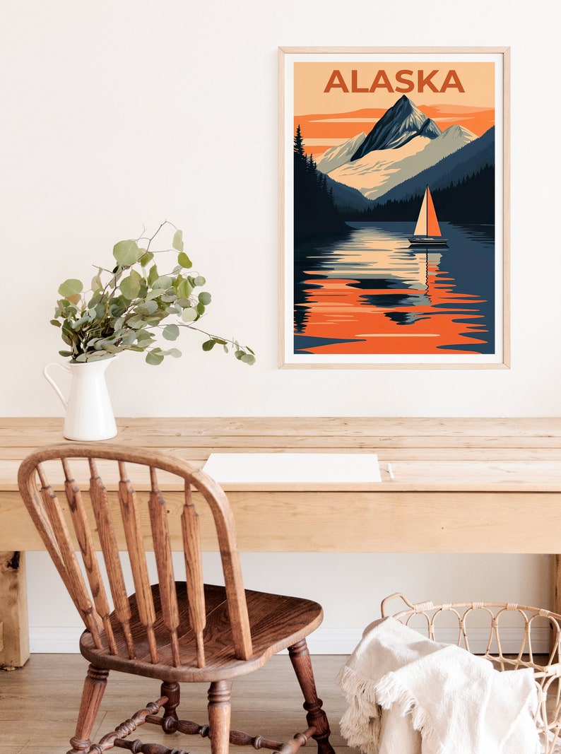 Alaska Poster, Alaska Print, Mountain Poster, Mountain Print, Alaska Travel Poster, Boat Art, Alaska Art