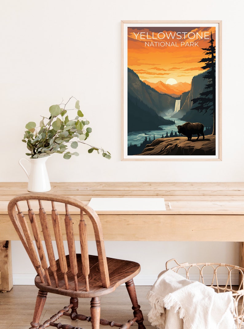 Affiche de voyage de Yellowstone, art mural du Wyoming, impression du Wyoming, affiche de Yellowstone, affiche du Wyoming, affiche de la nature, art de Yellowstone