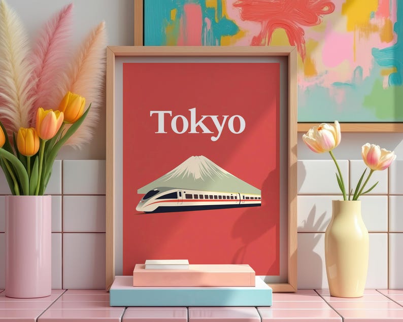 Tokyo Poster, Japan Travel Print, Mount Fuji Art, Shinkansen Bullet Train Illustration, Landscape Poster, Home Decor, Birthday Gift