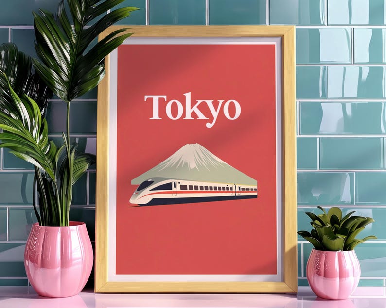 Tokyo Poster, Japan Travel Print, Mount Fuji Art, Shinkansen Bullet Train Illustration, Landscape Poster, Home Decor, Birthday Gift