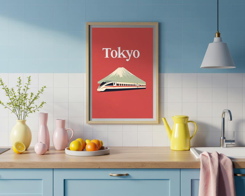 Tokyo Poster, Japan Travel Print, Mount Fuji Art, Shinkansen Bullet Train Illustration, Landscape Poster, Home Decor, Birthday Gift