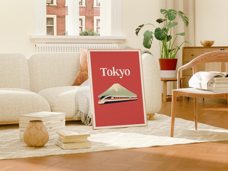Tokyo Poster, Japan Travel Print, Mount Fuji Art, Shinkansen Bullet Train Illustration, Landscape Poster, Home Decor, Birthday Gift