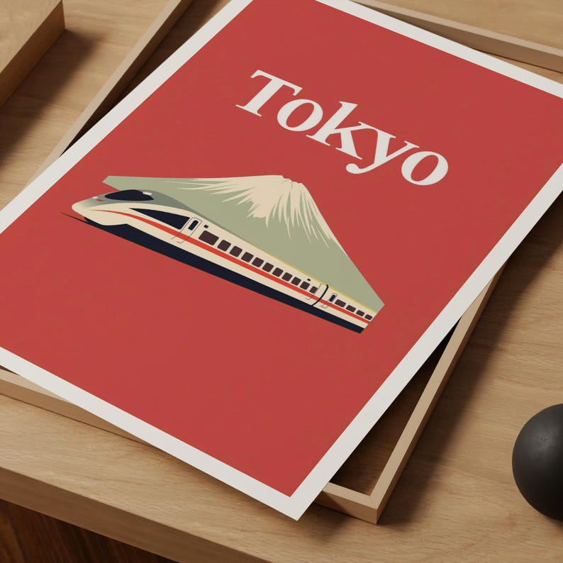 Tokyo Poster, Japan Travel Print, Mount Fuji Art, Shinkansen Bullet Train Illustration, Landscape Poster, Home Decor, Birthday Gift