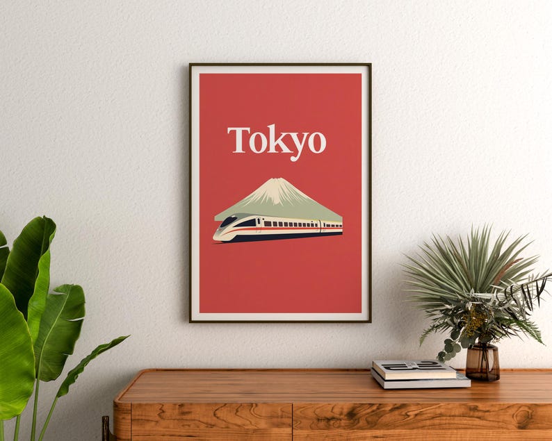 Tokyo Poster, Japan Travel Print, Mount Fuji Art, Shinkansen Bullet Train Illustration, Landscape Poster, Home Decor, Birthday Gift