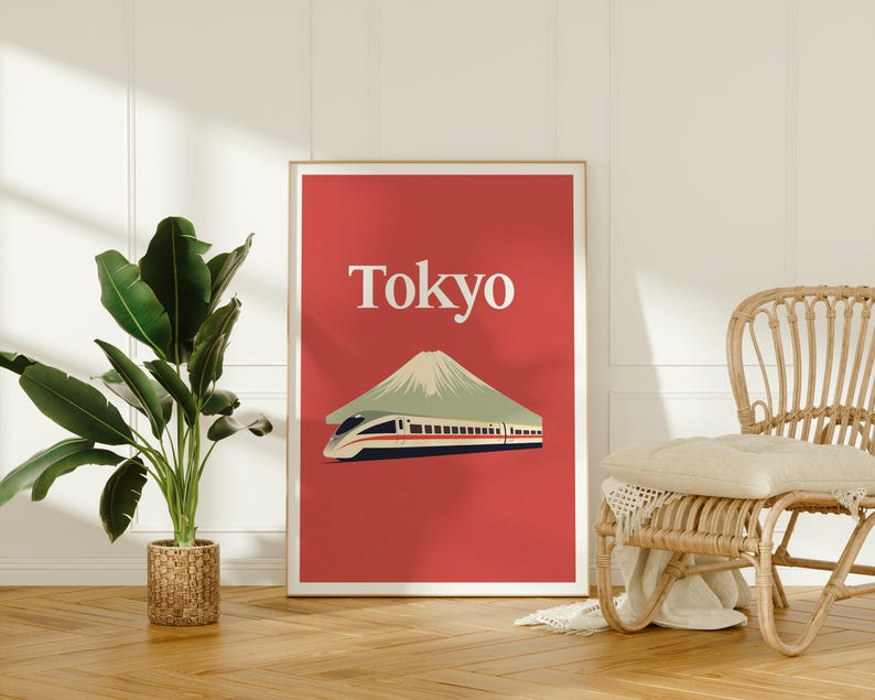 Tokyo Poster, Japan Travel Print, Mount Fuji Art, Shinkansen Bullet Train Illustration, Landscape Poster, Home Decor, Birthday Gift