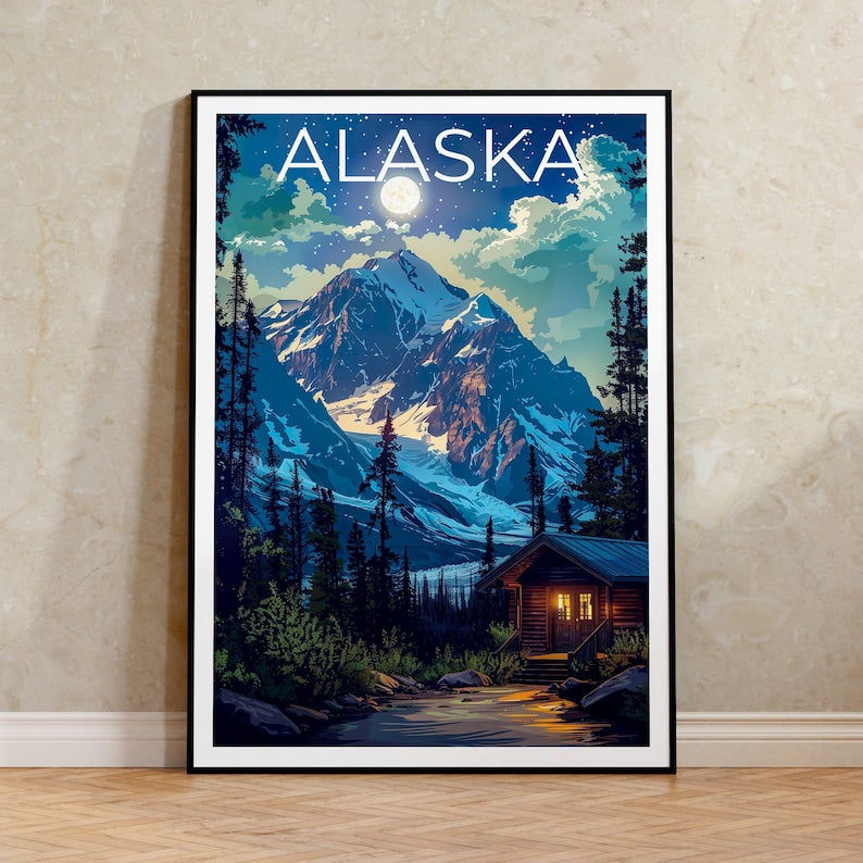 Alaska Poster, Alaska Print, Mountain Poster, Forest Print, Alaska Travel Poster, Log Cabin Poster, Alaska Art