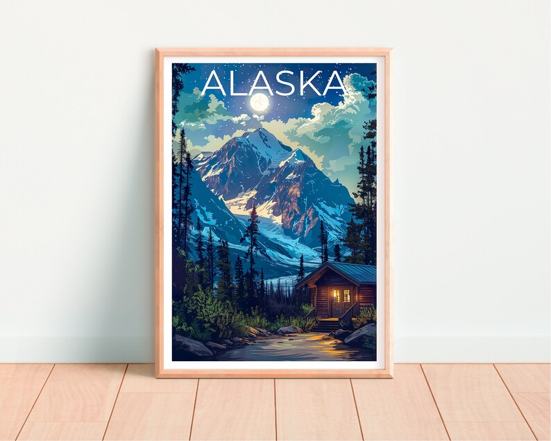 Alaska Poster, Alaska Print, Mountain Poster, Forest Print, Alaska Travel Poster, Log Cabin Poster, Alaska Art