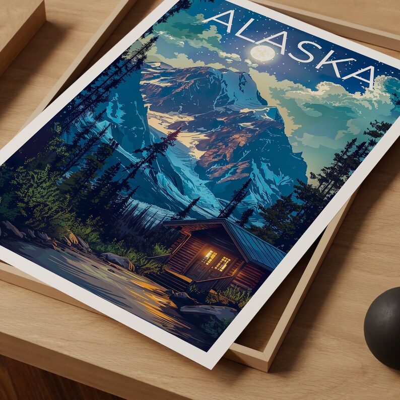 Alaska Poster, Alaska Print, Mountain Poster, Forest Print, Alaska Travel Poster, Log Cabin Poster, Alaska Art