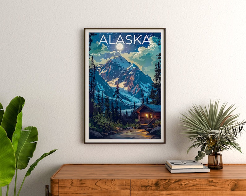 Alaska Poster, Alaska Print, Mountain Poster, Forest Print, Alaska Travel Poster, Log Cabin Poster, Alaska Art