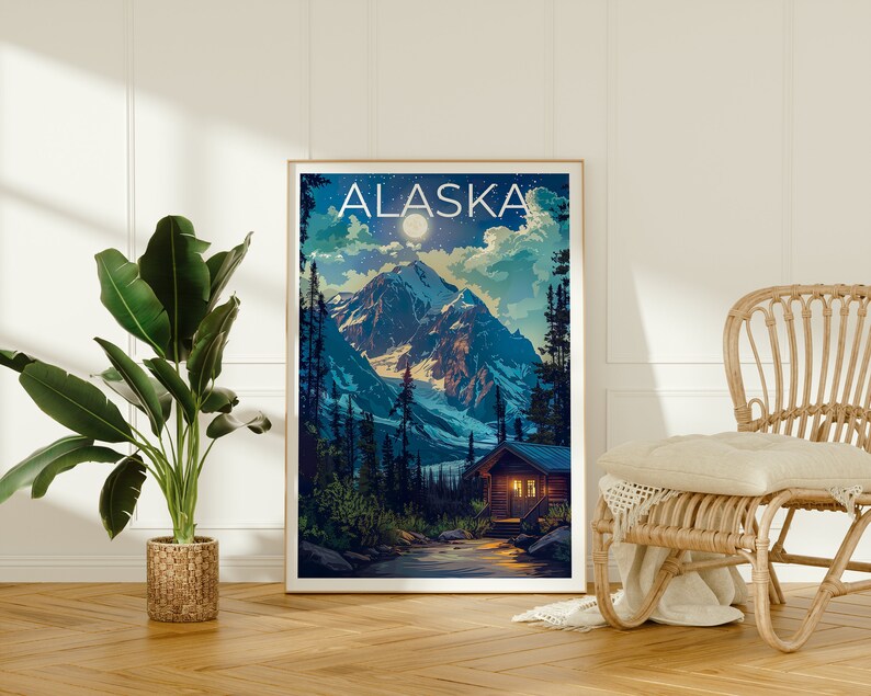 Alaska Poster, Alaska Print, Mountain Poster, Forest Print, Alaska Travel Poster, Log Cabin Poster, Alaska Art