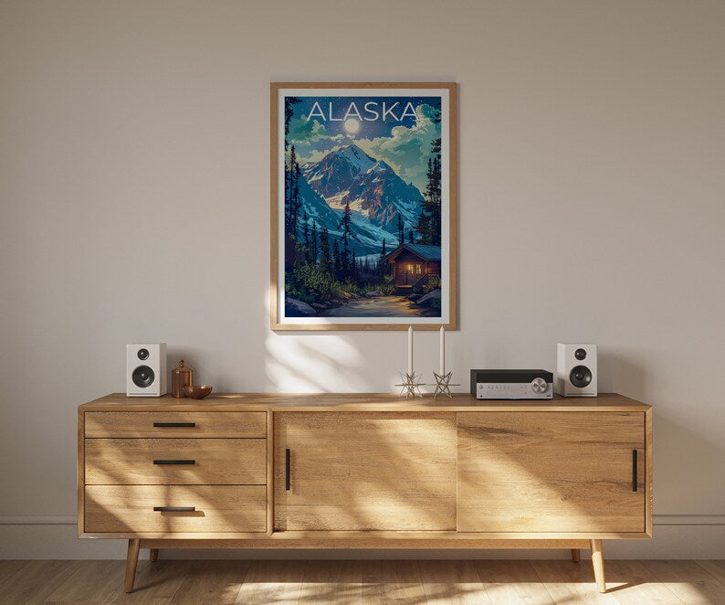 Alaska Poster, Alaska Print, Mountain Poster, Forest Print, Alaska Travel Poster, Log Cabin Poster, Alaska Art
