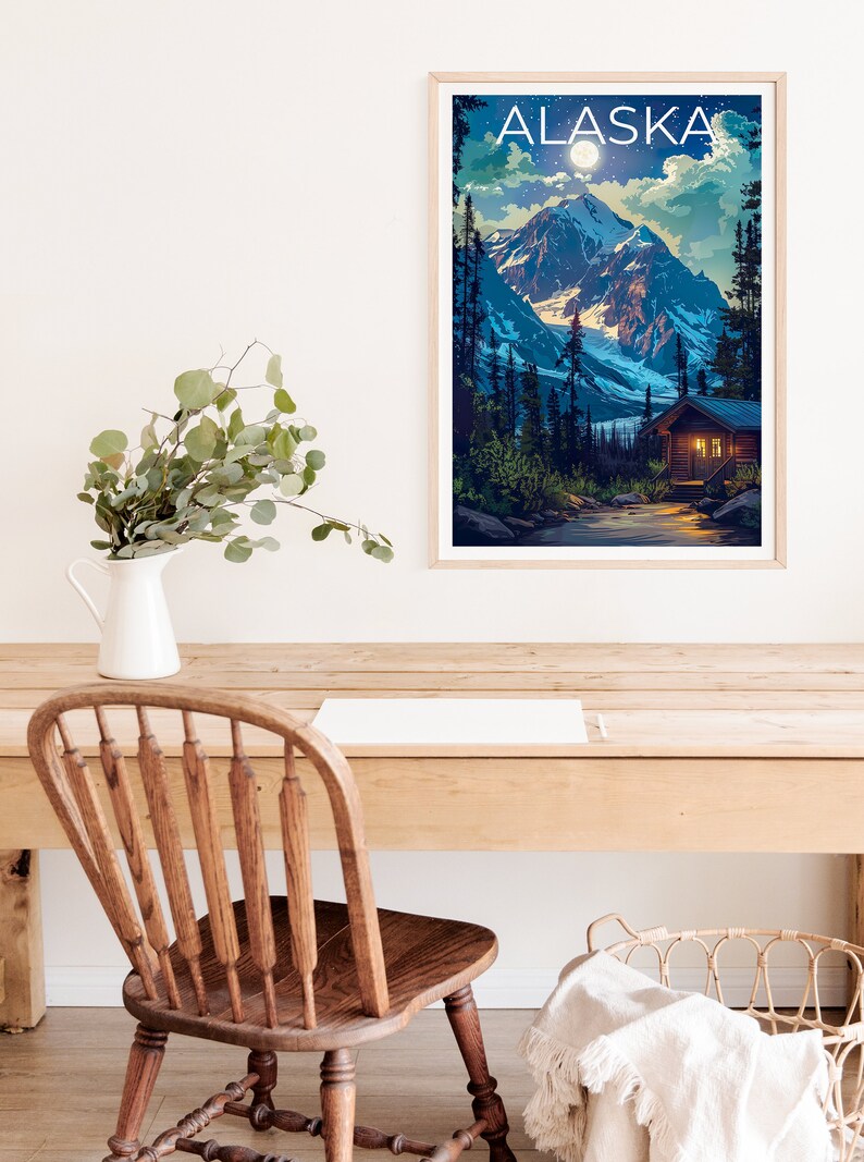 Alaska Poster, Alaska Print, Mountain Poster, Forest Print, Alaska Travel Poster, Log Cabin Poster, Alaska Art