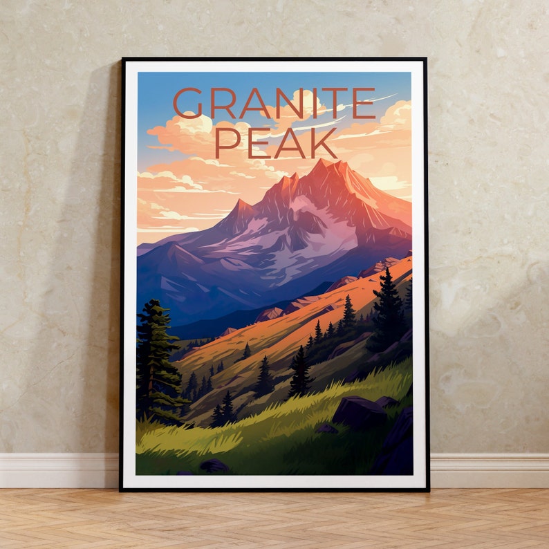 Granite Peak Reiseposter, Montana Wandkunst, Montana Druck, Granite Peak Poster, Montana Poster, Granite Peak Kunst
