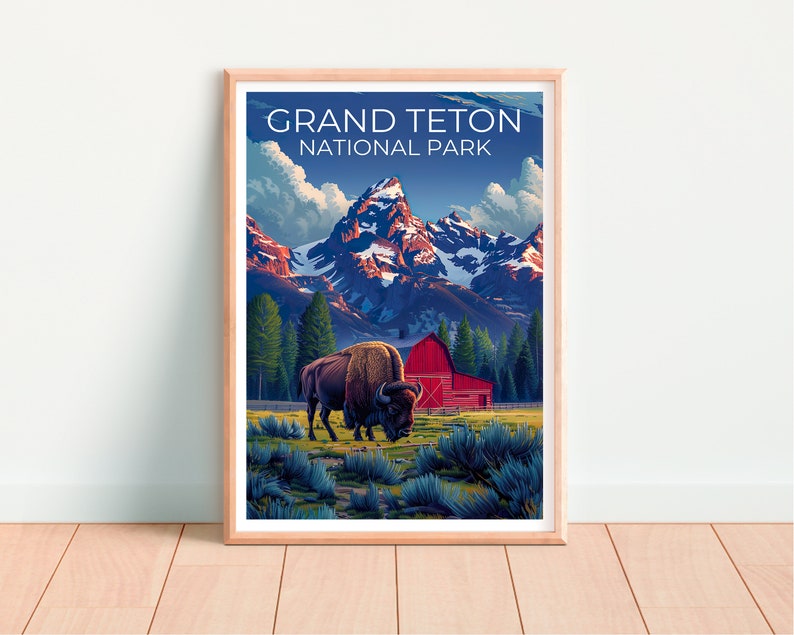 Affiche du parc national de Grand Teton, impression du Wyoming, art du Wyoming, impression de bisons, affiche du Grand Teton, affiche du Wyoming