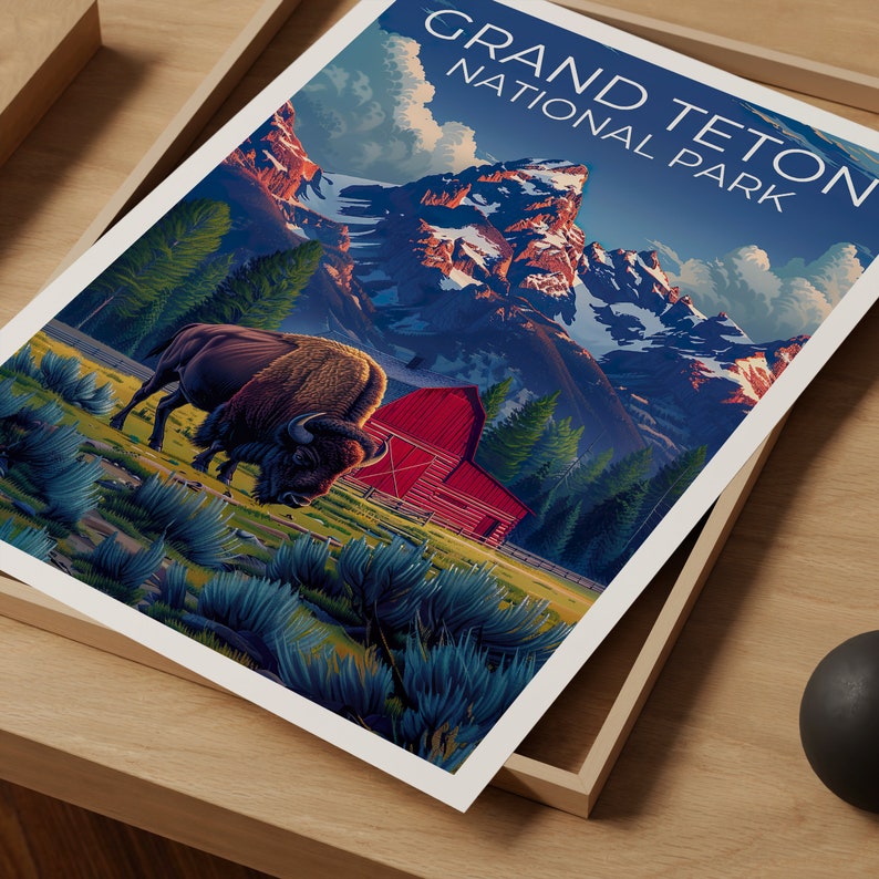 Affiche du parc national de Grand Teton, impression du Wyoming, art du Wyoming, impression de bisons, affiche du Grand Teton, affiche du Wyoming