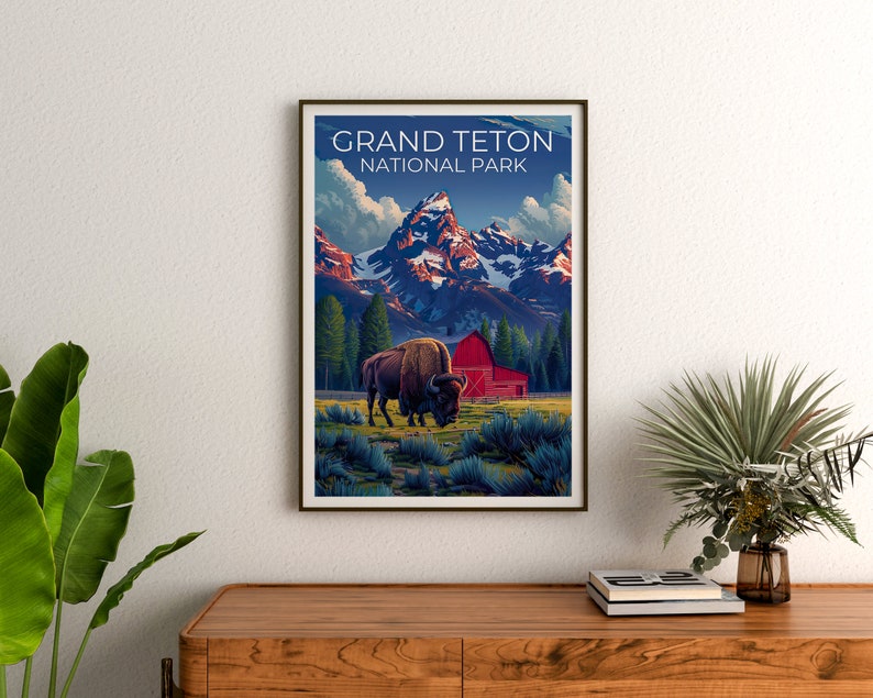 Affiche du parc national de Grand Teton, impression du Wyoming, art du Wyoming, impression de bisons, affiche du Grand Teton, affiche du Wyoming