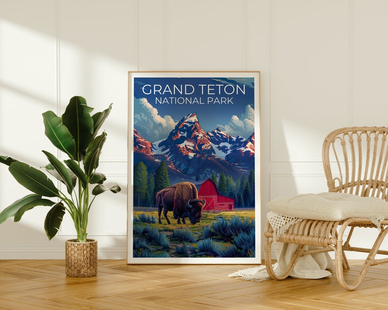 Affiche du parc national de Grand Teton, impression du Wyoming, art du Wyoming, impression de bisons, affiche du Grand Teton, affiche du Wyoming