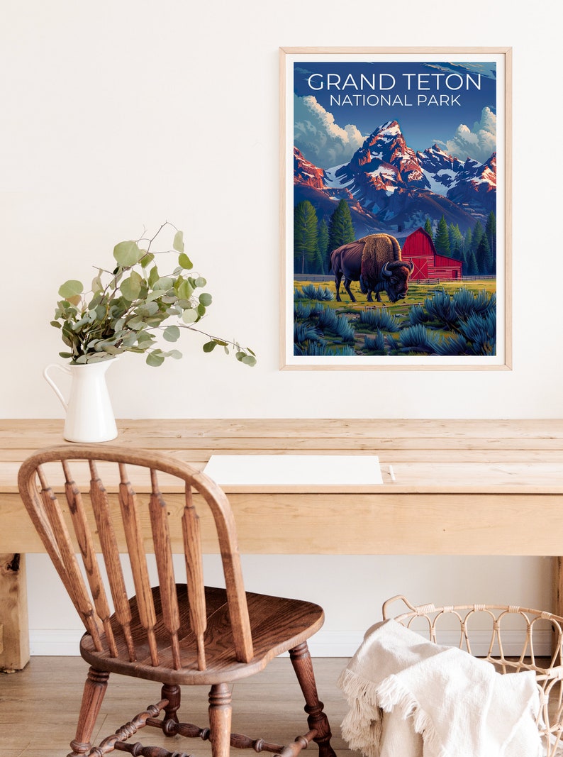Affiche du parc national de Grand Teton, impression du Wyoming, art du Wyoming, impression de bisons, affiche du Grand Teton, affiche du Wyoming