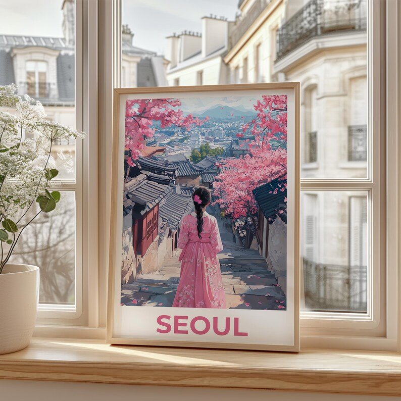 Seoul Travel Print, South Korea Poster, Seoul City Wall Art, Hanbok Illustration, Seoul Poster, Home Decor, Birthday Gift