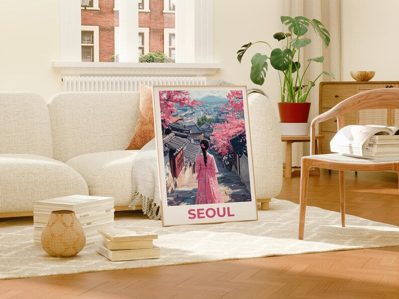 Seoul Travel Print, South Korea Poster, Seoul City Wall Art, Hanbok Illustration, Seoul Poster, Home Decor, Birthday Gift