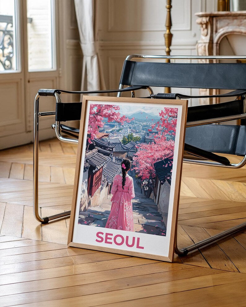Seoul Travel Print, South Korea Poster, Seoul City Wall Art, Hanbok Illustration, Seoul Poster, Home Decor, Birthday Gift