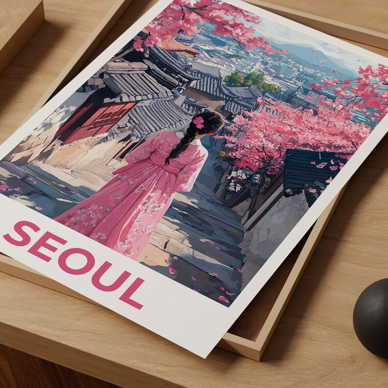 Seoul Travel Print, South Korea Poster, Seoul City Wall Art, Hanbok Illustration, Seoul Poster, Home Decor, Birthday Gift