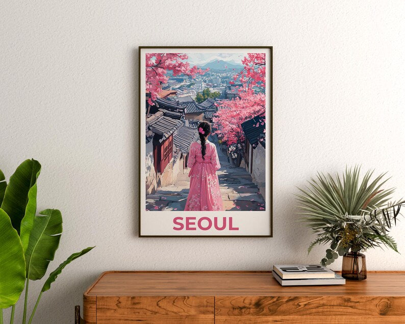 Seoul Travel Print, South Korea Poster, Seoul City Wall Art, Hanbok Illustration, Seoul Poster, Home Decor, Birthday Gift