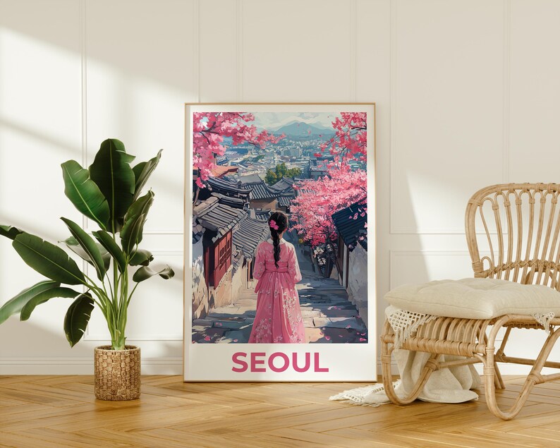 Seoul Travel Print, South Korea Poster, Seoul City Wall Art, Hanbok Illustration, Seoul Poster, Home Decor, Birthday Gift