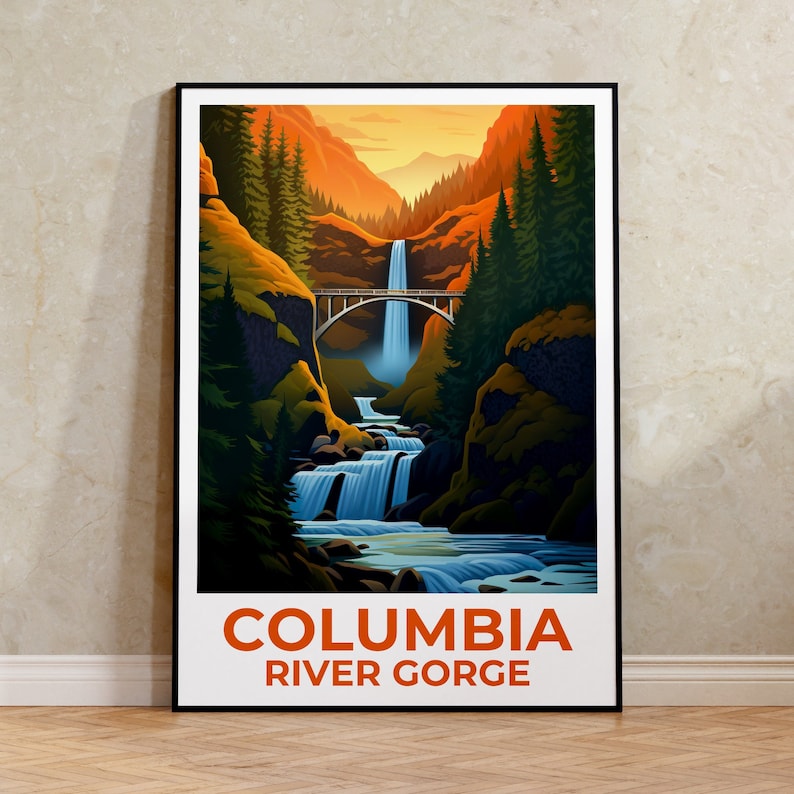 Columbia River Gorge Travel Poster, Washington Wall Art, Oregon Print, Multnomah Falls Poster, Multnomah Falls Print