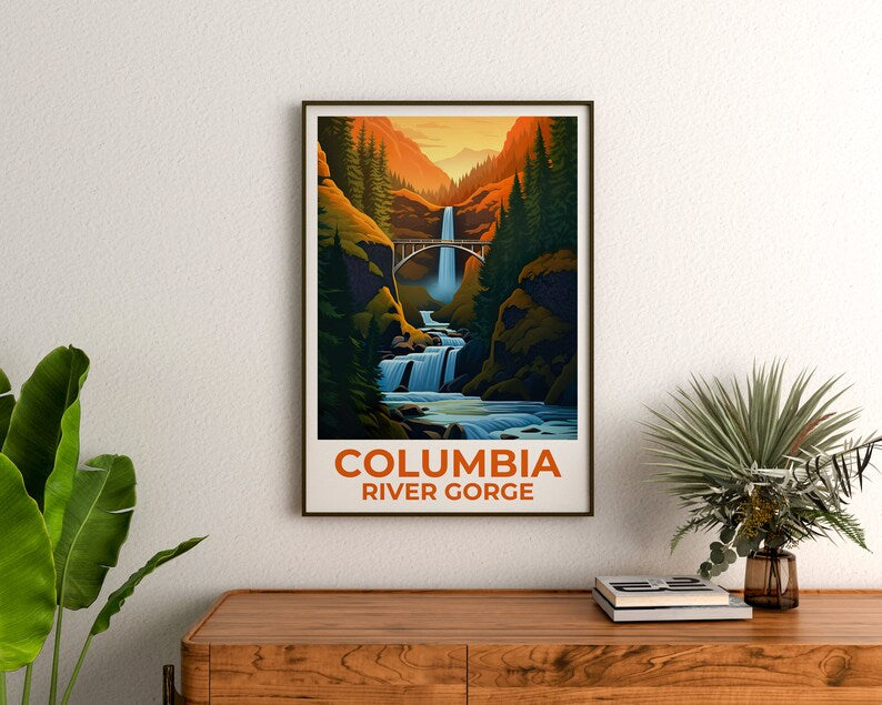 Affiche de voyage sur les gorges du fleuve Columbia, art mural de Washington, impression de l'Oregon, affiche des chutes de Multnomah, impression des chutes de Multnomah