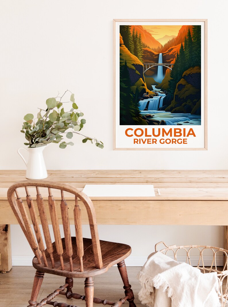 Affiche de voyage sur les gorges du fleuve Columbia, art mural de Washington, impression de l'Oregon, affiche des chutes de Multnomah, impression des chutes de Multnomah