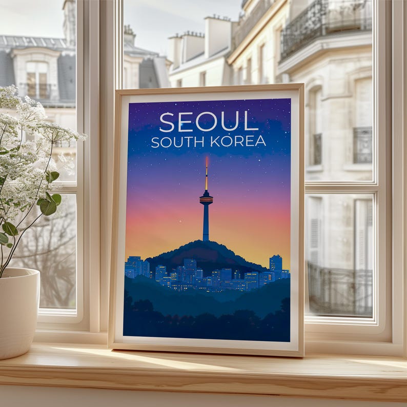Seoul Poster, South Korea Travel Print, Asia Art, Namsam Tower Illustration, Landscape Poster, Scenic Wall Art, Home Decor, Birthday Gift