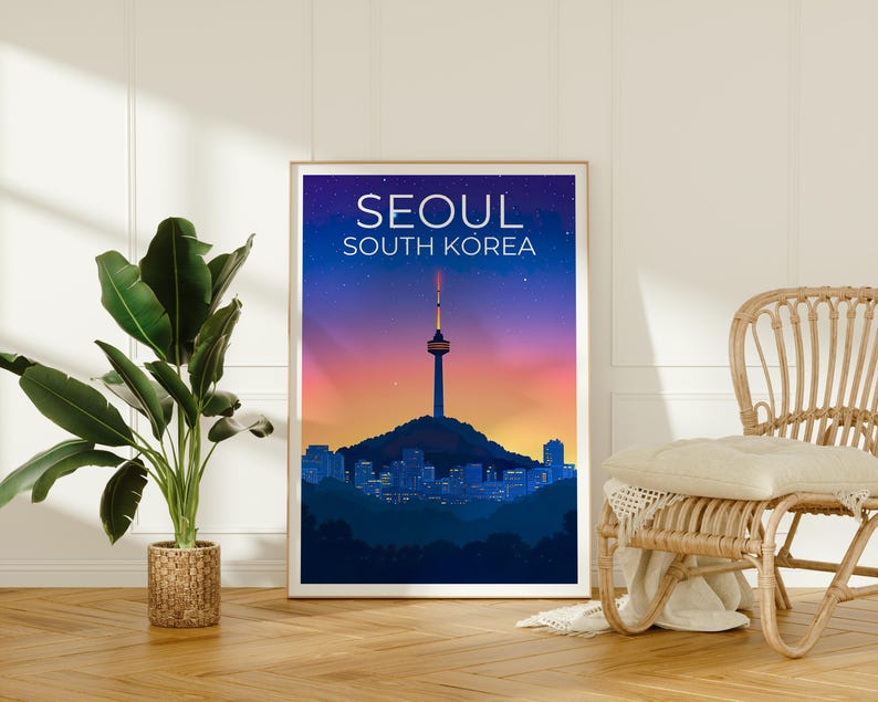 Seoul Poster, South Korea Travel Print, Asia Art, Namsam Tower Illustration, Landscape Poster, Scenic Wall Art, Home Decor, Birthday Gift