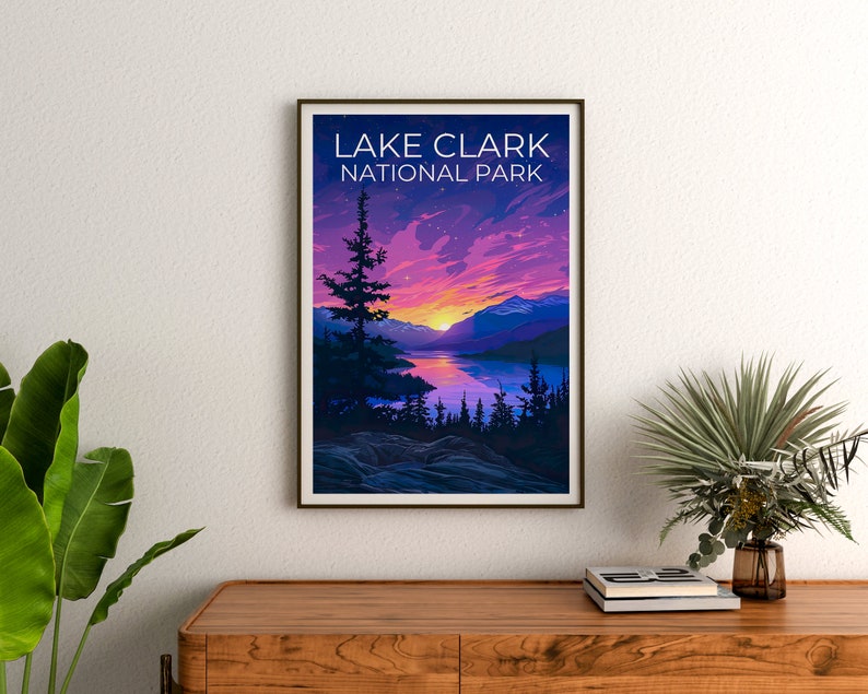 Affiche du parc national du lac Clark, impression du lac Clark, affiche de l'Alaska, impression de l'Alaska, affiche de voyage du lac Clark, art de l'Alaska, art du lac Clark