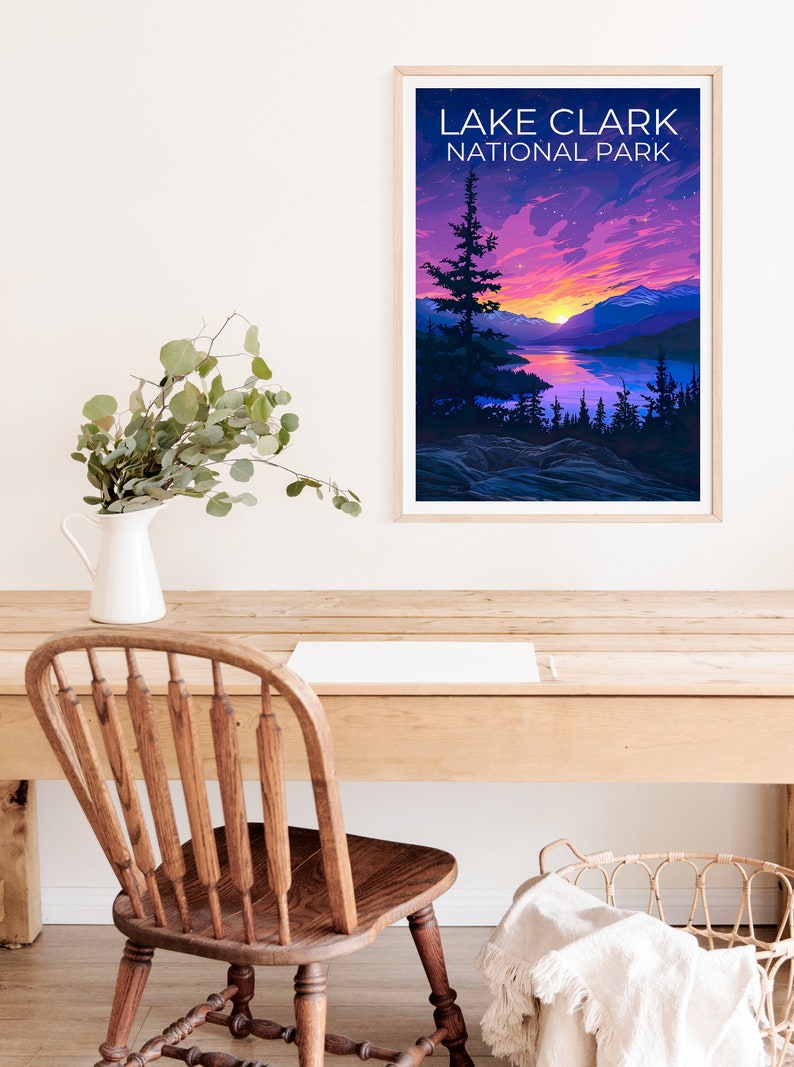 Affiche du parc national du lac Clark, impression du lac Clark, affiche de l'Alaska, impression de l'Alaska, affiche de voyage du lac Clark, art de l'Alaska, art du lac Clark