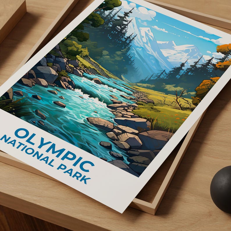 Olympic National Park Travel Print Washington State Poster Forest Wall Art Mountains Illustration Olympic Poster Home Decor Birthday Gift